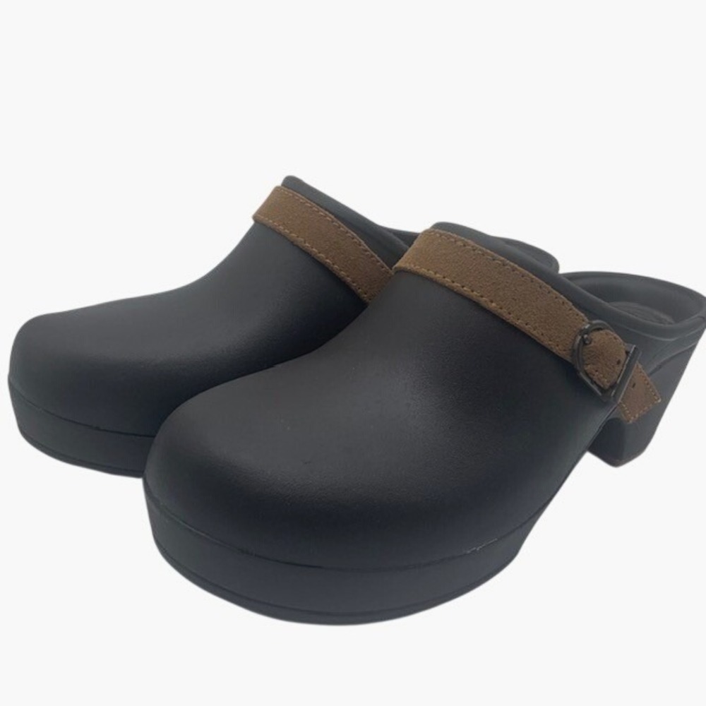 Crocs Sarah Clogs Women 8 Espresso Brown Suede Strap Heeled Mules Retro Chunky